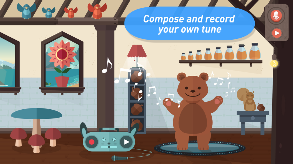 Easy Music - Give kids an ear for music - A cartoon bear character in a musical workshop illustrating the compose and record feature of the Easy Music app