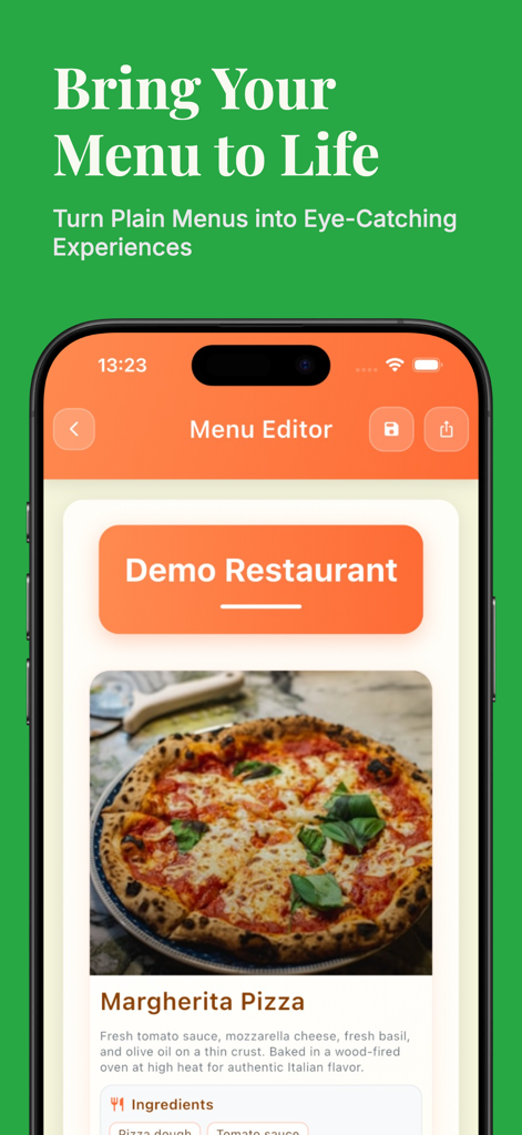 A smartphone displaying the MenuGen app menu editor with a margherita pizza listing including a professional food photo and description