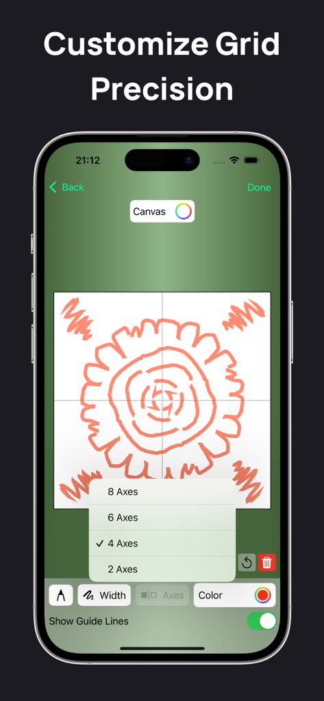 Symmetry Drawing App - Interface of Symmetry Drawing App showing a mandala pattern with a selection menu for symmetry axes.