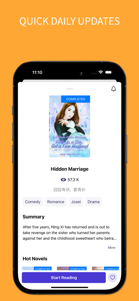 Interface of the NovelFull app displaying details and summary for a romance novel titled Hidden Marriage
