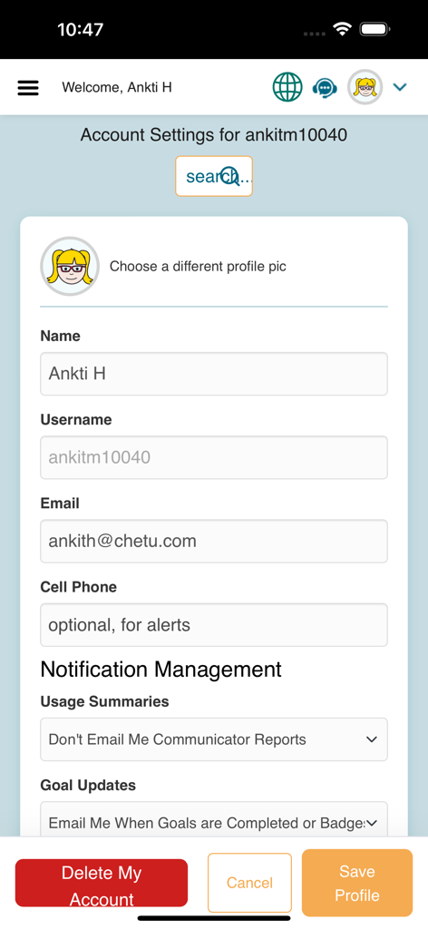 CoughDrop Pro - CoughDrop Pro account settings screen showing profile information and notification management options