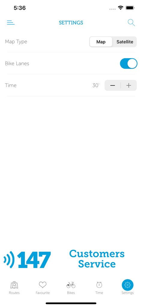 Mi bici tu bici - Settings screen of the Mi bici tu bici app featuring map type selection bike lanes toggle and customer service contact information