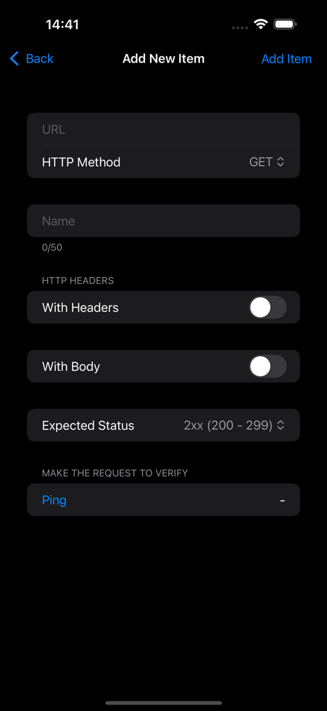 Uptime-monitorアプリの新しいアイテム追加画面。URL、HTTPメソッド、エンドポイント設定のフィールドが表示されています。