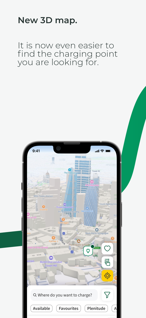 Interfaz de la aplicación Plenitude On The Road mostrando un mapa 3D con iconos de estaciones de carga de vehículos eléctricos en una ciudad.