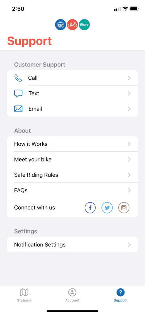 RTC Bike Share - Support-Oberfläche der RTC Bike Share App mit Kontaktmöglichkeiten zum Kundensupport und Informationslinks