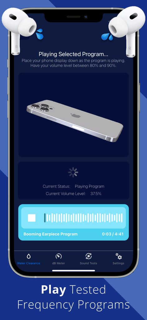 Interface of the WaterDrop app playing a frequency program to eject water from phone speakers.