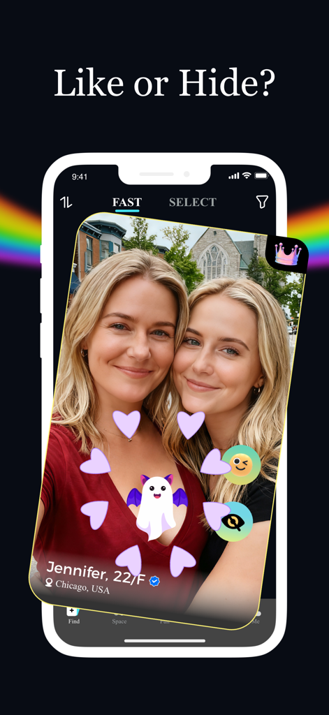 Queer: LGBTQ Chat & Friends - Queerアプリのプロフィール（女性2人）が表示されたモバイル画面。「好きか隠すか」という質問が表示されています。