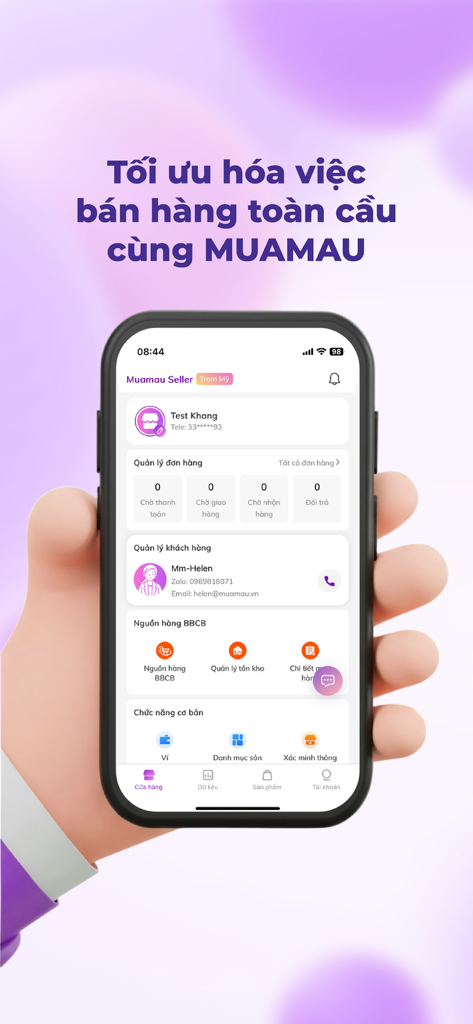 Mobile app interface for Muamau Seller showing global sales management tools