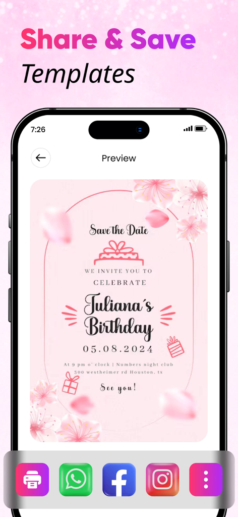 Birthday Greeting Card Creator - Mobile app screen displaying a pink floral birthday invitation with social media share icons at the bottom.
