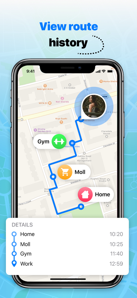 RealLoc: Find Friends & Family - 家族追跡アプリの場所ピンとタイムスタンプ付きのルート履歴を示す地図ビュー