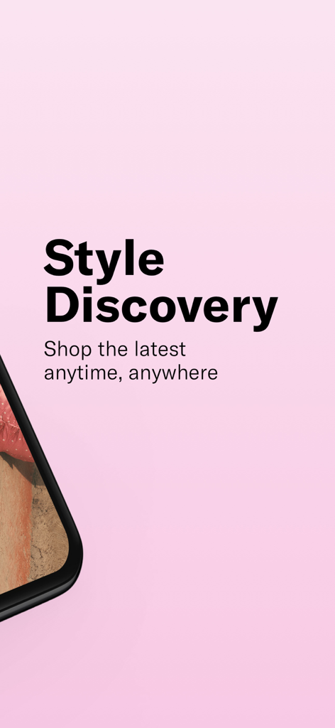 Shopbop app promotional screen with the text Style Discovery Shop the latest anytime anywhere on a pink background