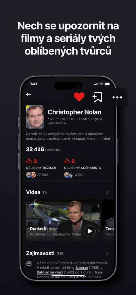 ČSFD - Eine Filmemacher-Profilseite für Christopher Nolan in der ČSFD-App mit biografischen Informationen und Fan-Statistiken