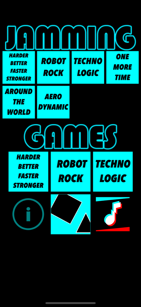 Main menu of the iDaft Jamming app showing Jamming and Games modes with a neon blue aesthetic on a black background.