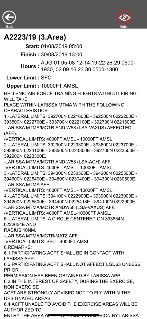 Detailed text of a NOTAM showing flight training area limits and altitudes