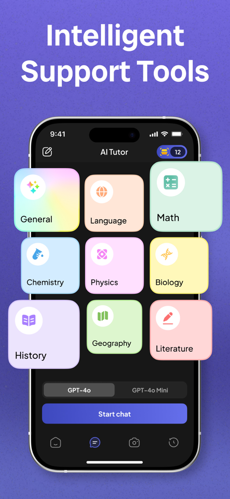 Ghelper: AI Study Companion - Ghelper app interface displaying various academic subjects like Math, Chemistry, and History for AI tutoring