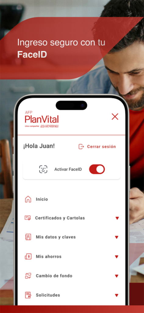 AFP PlanVital - AFP PlanVital mobile app interface showing secure login with FaceID and main account management menu