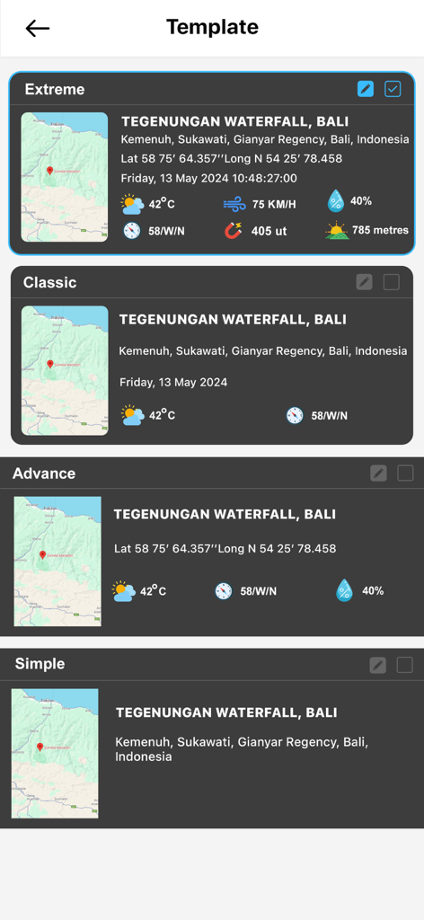 Gps Map Camera - Timestamp - A selection of customizable watermark templates for GPS Map Camera including Extreme, Classic, Advance, and Simple styles showing location and metadata details.