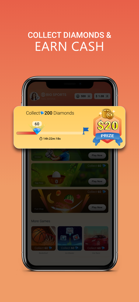 Big Sports mobile app interface showing how to collect diamonds and earn cash prizes