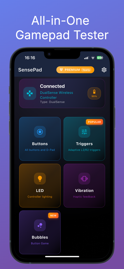 SensePad: Gamepad Tester - SensePad app dashboard showing diagnostic tools for gamepad buttons triggers LED lighting and vibration