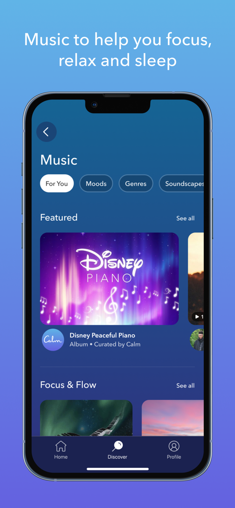 L'application Calm propose une section musique avec des playlists pour la concentration et le sommeil, comme Disney Peaceful Piano.