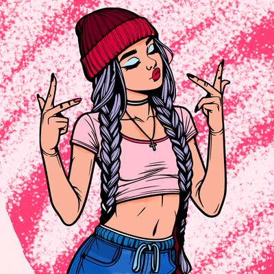 realistic teenage girl with braids and a beanie and crop top doing 🫶🏼