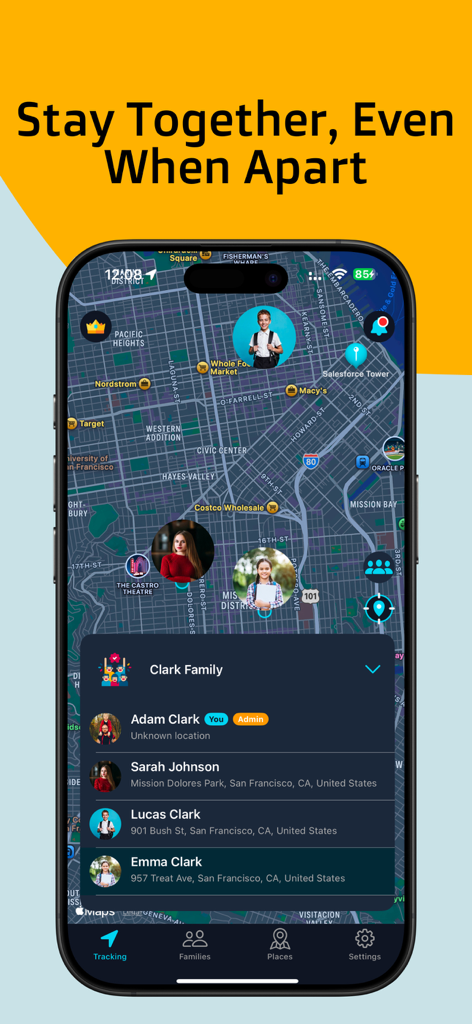 Haven: Find Phone Location - Interfaz de la app Haven que muestra las ubicaciones de los miembros de la familia en tiempo real en un mapa digital con una lista de miembros del grupo