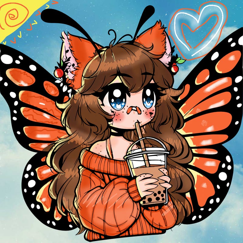 a realistic butterfly/furry girl drinking boba