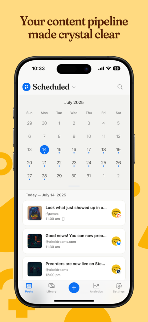 Postpone: Social Media Manager - Ein Screenshot der Postpone App, der eine Kalenderansicht der geplanten Social-Media-Beiträge für Reddit, Mastodon und X zeigt
