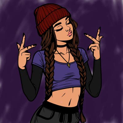 realistic teenage girl with braids and a beanie and crop top doing 🫶🏼