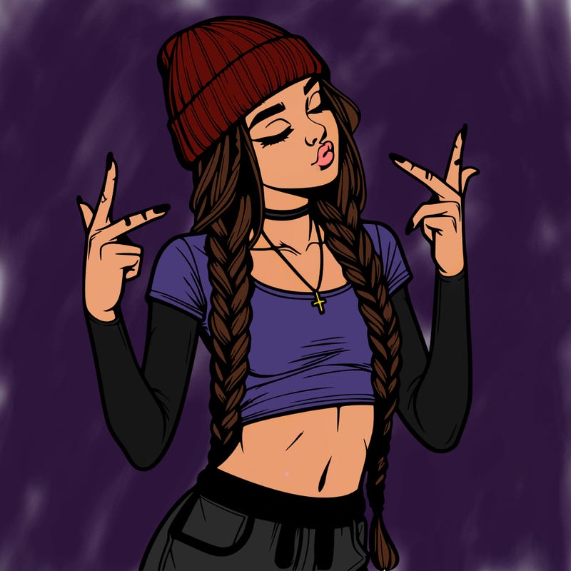 realistic teenage girl with braids and a beanie and crop top doing 🫶🏼