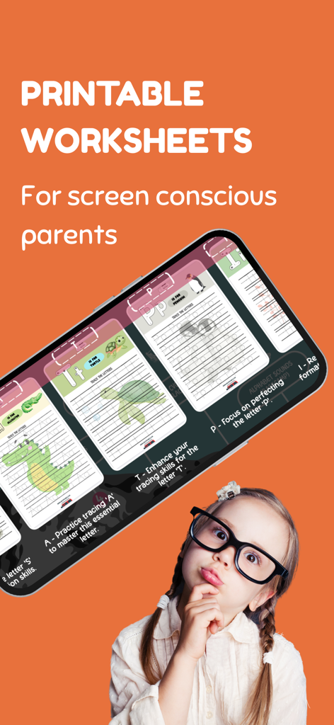 Learn to Read: Wild Phonics - Función de aprendizaje dirigido por el niño que muestra hojas de trabajo imprimibles para trazar el alfabeto para padres conscientes del tiempo de pantalla