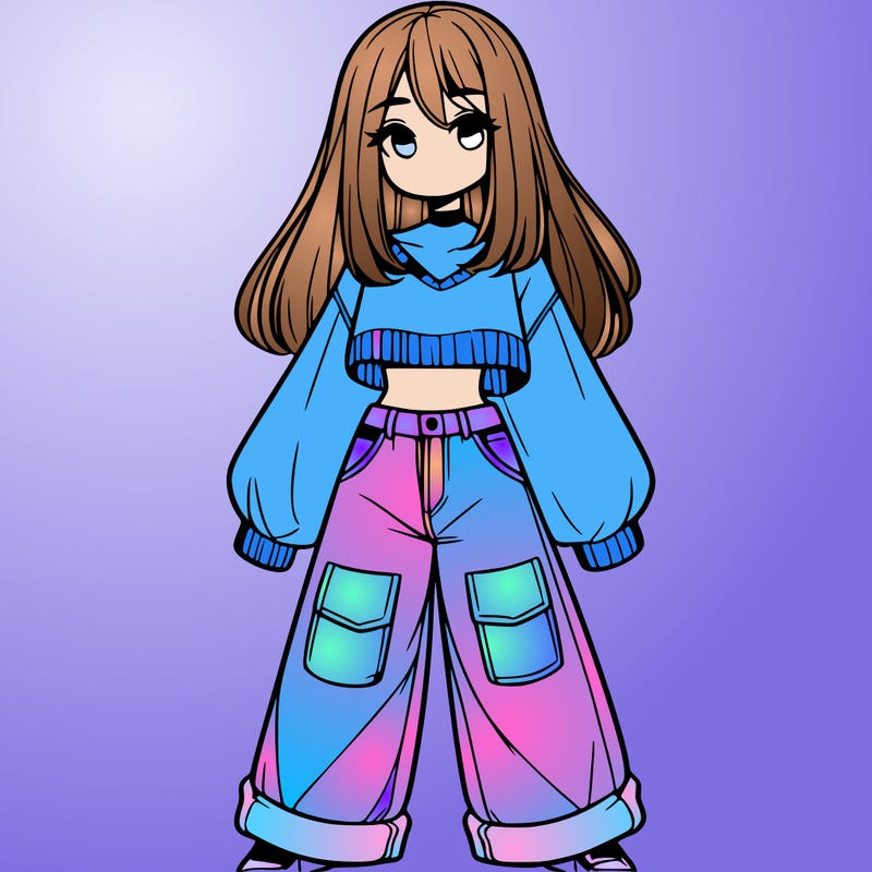 cute girl with straight hair in baggy jeans and a crop top and a sweater