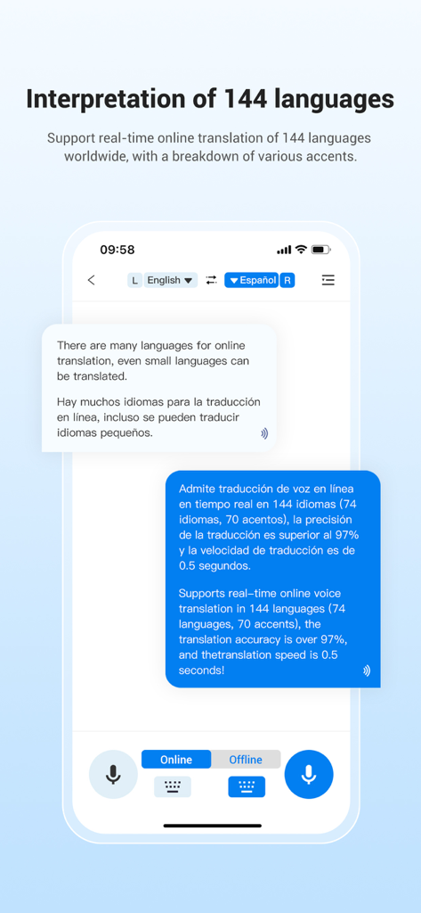 A mobile app interface showing real time voice translation between English and Spanish for 144 languages