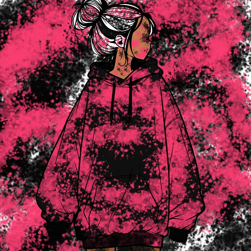 realistic girl with a oversized sweatshirt on and a bun