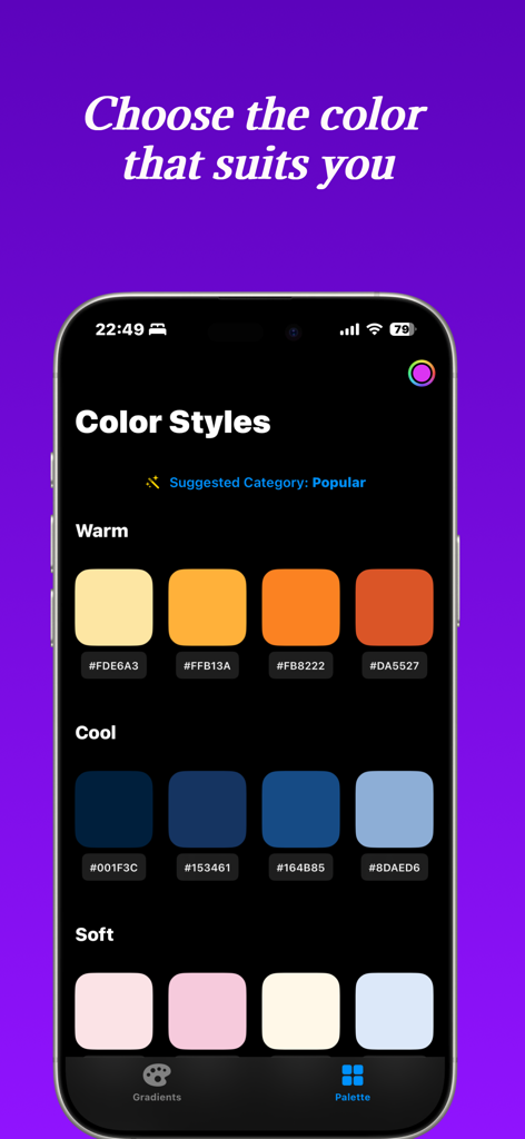 Gradient Lab App-Bildschirm mit kuratierten warmen, kühlen und weichen Farbpaletten mit Hex-Codes