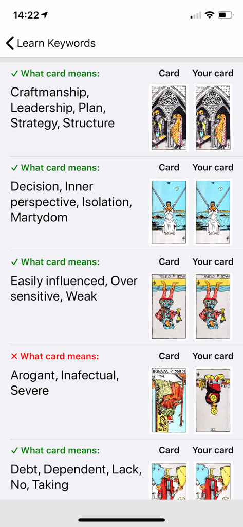 A screenshot of the Tarot Journal app showing the Learn Keywords feature which allows users to test their knowledge of tarot card meanings through a matching quiz.