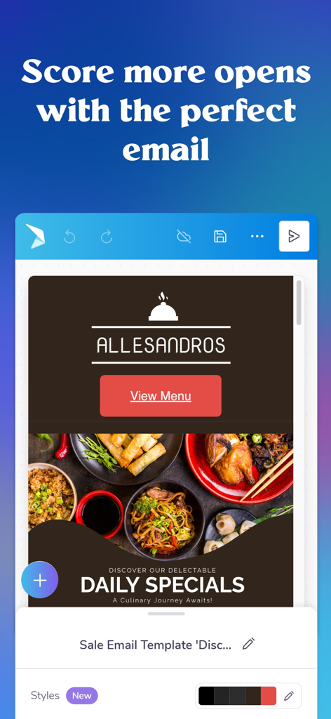PosterMyWall: Design & Promote - PosterMyWall mobile app interface showing a restaurant email marketing template with food images and a View Menu button.