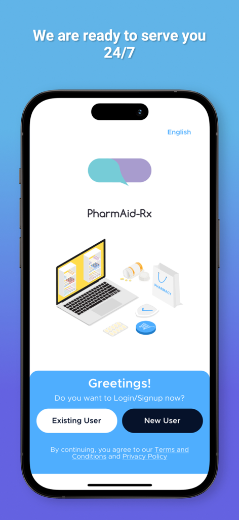 PharmAid-Rx - Pantalla de bienvenida de la aplicación PharmAid-Rx con opciones para que los usuarios existentes y nuevos inicien sesión o se registren