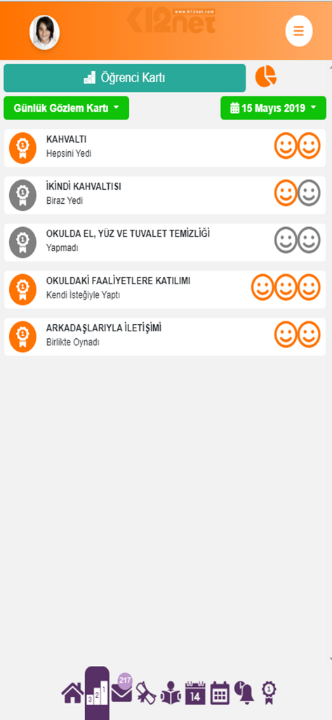 K12NET Mobile app screenshot showing a student daily observation card with ratings for meals and school activities
