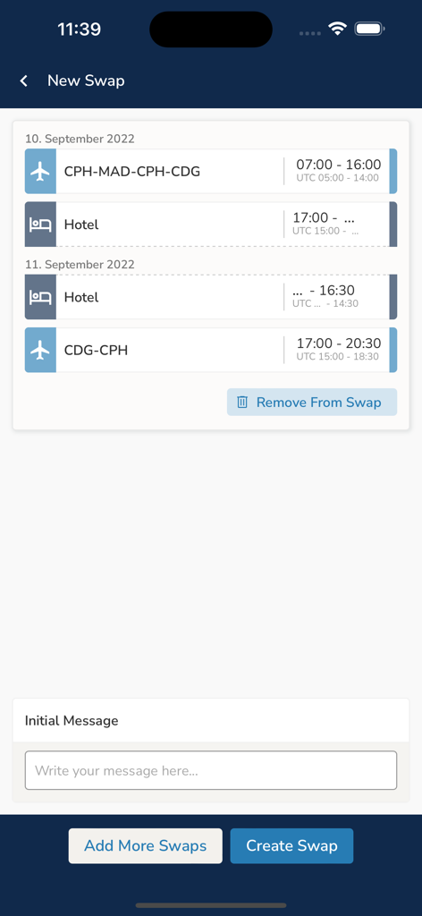 Interfaz de la aplicación PDC CrewConnex que muestra la pantalla Nuevo Intercambio para que los miembros de la tripulación de vuelo intercambien guardias y turnos