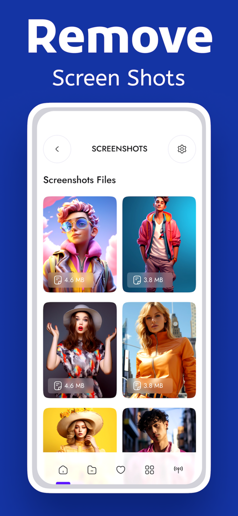 Ai Cleaner Pro Cleanup Storage - Interfaz de la aplicación Ai Cleaner Pro mostrando capturas de pantalla y tamaños de archivo para su eliminación