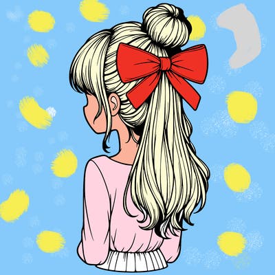realistic girl  with hip length hair a bun and a big bow on the back of head