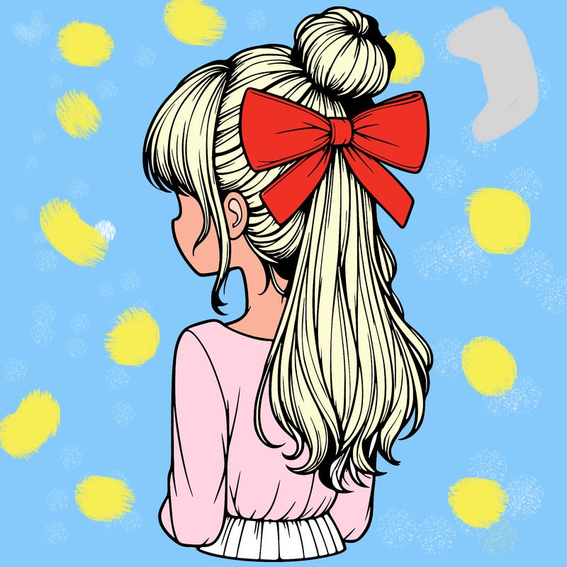 realistic girl  with hip length hair a bun and a big bow on the back of head