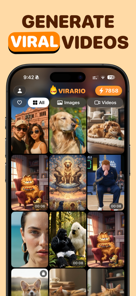 Virario: AI Video Generator - Interface do aplicativo móvel Virario exibindo uma grade de vídeos e imagens virais gerados por IA