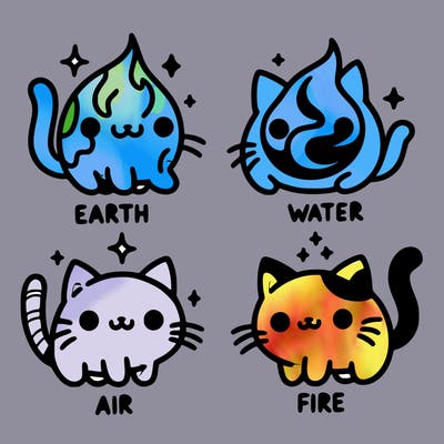 4 cats that represent the different elements, earth, water, air, and fire
