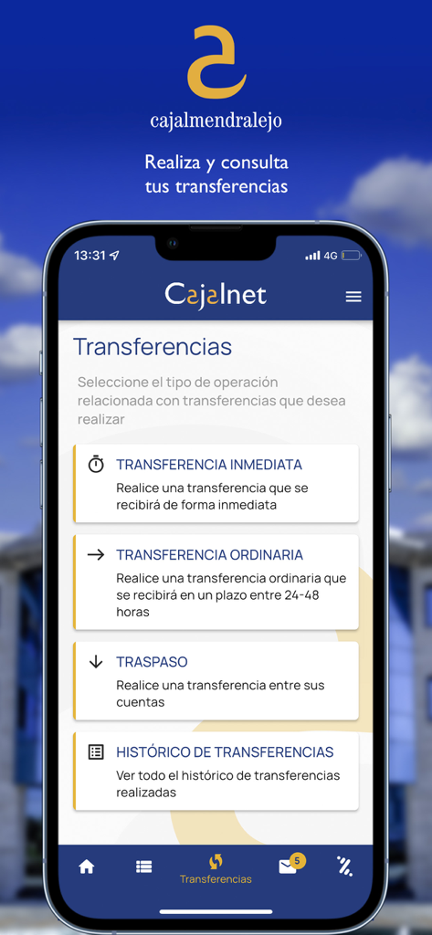 Cajalnet - Interfaz de la aplicación Cajalnet que muestra opciones de transferencias bancarias, incluyendo transferencias inmediatas y ordinarias