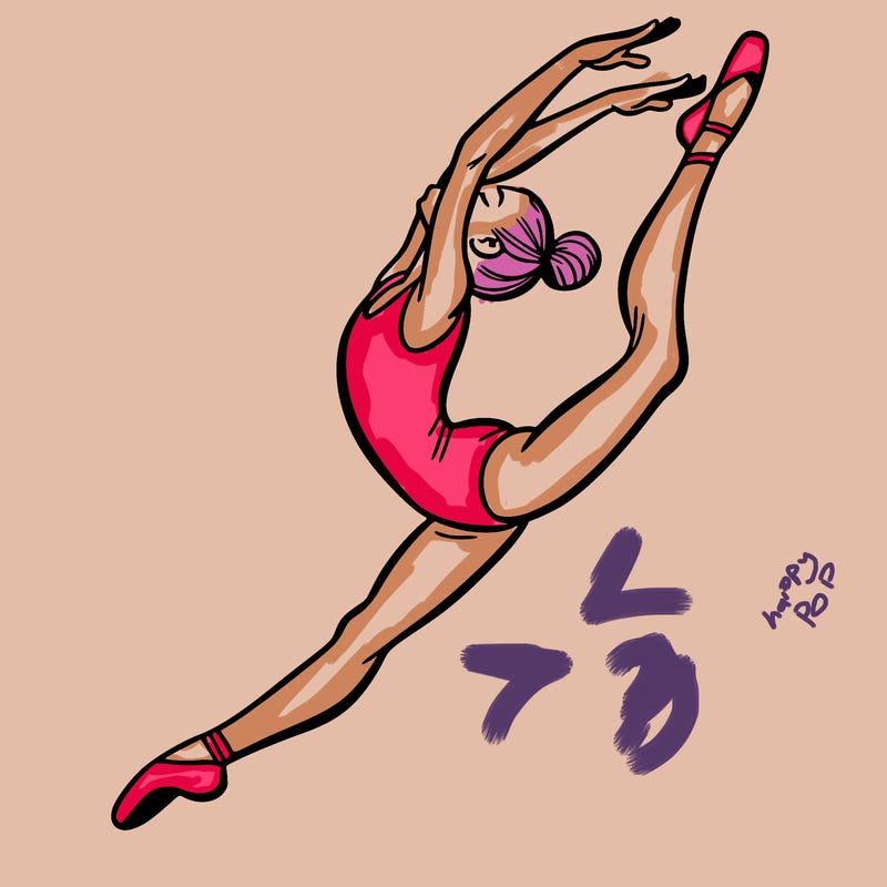 gymnast doing a leap in a leotard with a bent back leg