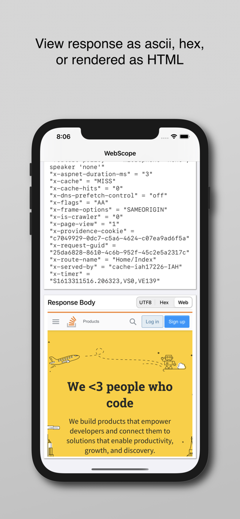 WebScope mobile app showing HTTP response headers and rendered web page body