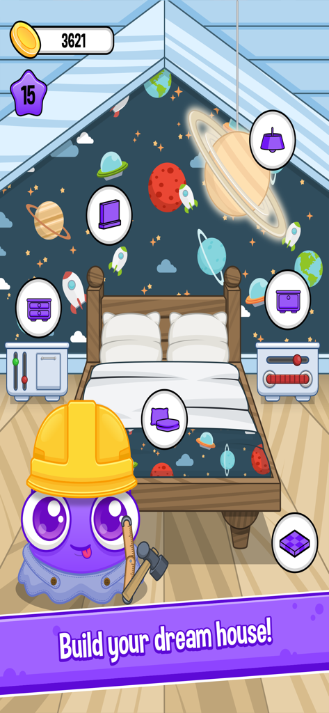 Moy 6 - Virtual Pet Game - Moy virtual pet character dressed as a builder decorating a space themed bedroom