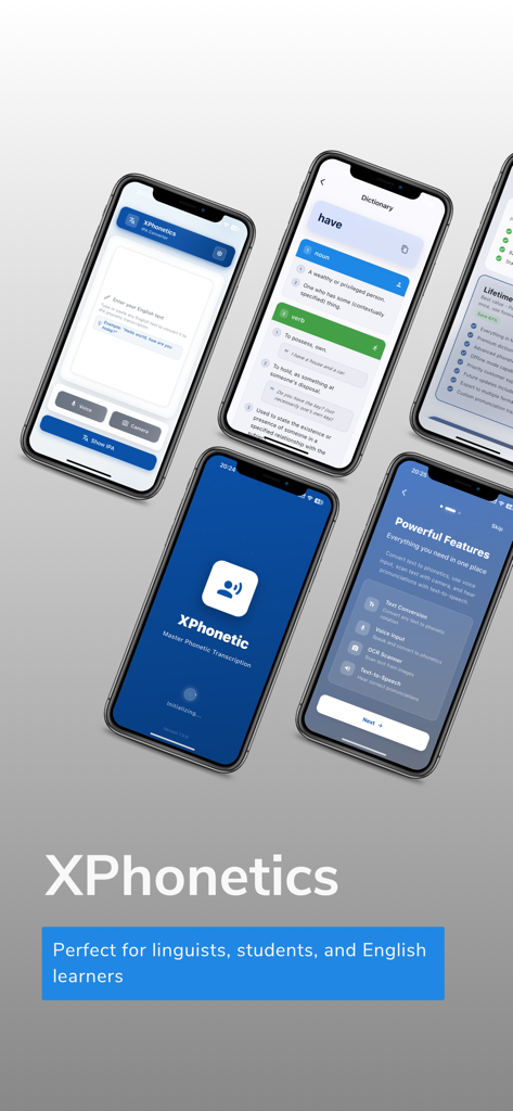 XPhonetics App-Bildschirme, die ein IPA-Transkriptionswörterbuch und Aussprachewerkzeuge für Englischlernende zeigen
